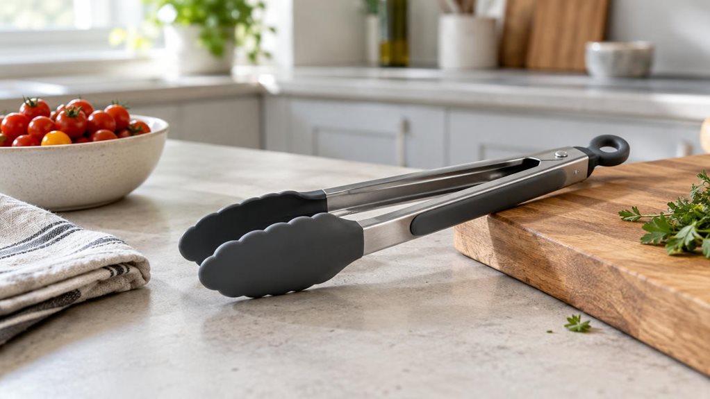 A photograph of a single pair of 23 cm silicone-tipped kitchen tongs resting casually on a pale stone countertop beside a wooden cutting board, in a bright, modern home kitchen. The tongs are the clear hero, shown at a slight diagonal with their stainless-steel arms and matte charcoal silicone tips in crisp, realistic detail. Nearby, a folded linen tea towel and a small bowl of cherry tomatoes lend the scene a lived-in, everyday feel without distracting from the product. The 