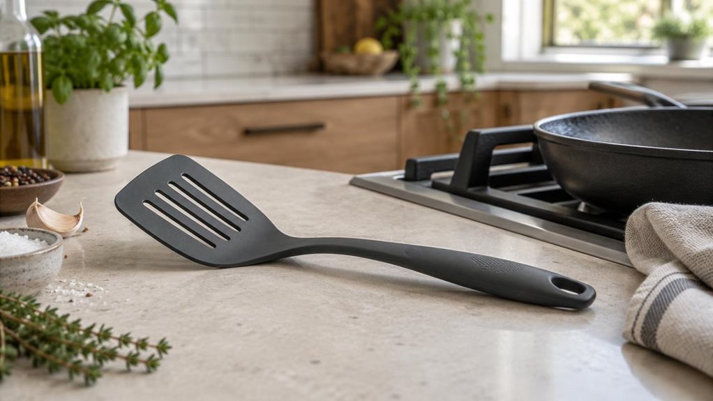 A photograph of a single anthracite-gray slotted turner resting casually beside a stovetop in a modern home kitchen, composed as a horizontal 16:9 landscape scene. Its broad, gently curved nylon head has clean, evenly spaced slots, while the softly textured handle tapers to a practical hanging loop. The turner lies across a pale stone counter near a dark skillet and a folded linen towel, with a few understated cooking ingredients nearby; nothing is being stirred or flipped. N