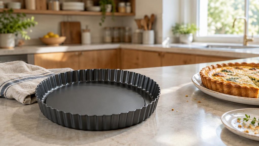 A photograph of a single 28 cm round tart and quiche tin resting on a pale stone kitchen island, its dark, nonstick fluted sides and removable base clearly visible. The tin sits naturally beside a folded linen tea towel and a small plate of golden, freshly baked quiche, with a few crumbs adding a lived-in touch. In the softly blurred background, a bright, modern home kitchen has warm wooden cabinetry, open shelves, and a sunlit window. Gentle natural light falls across the me