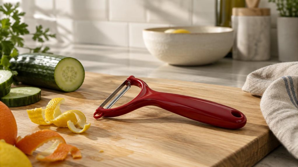 A photograph of a single empire-red Y-peeler resting on a light oak cutting board in a modern, sunlit kitchen, composed in a horizontal 16:9 landscape frame. The peeler is heroed naturally in the foreground, lying casually beside a halved cucumber, a few citrus peels, and a linen towel, as if left there moments before. The scene feels observational and candid rather than staged, with no hands visible and no sense of motion. Soft morning light enters from an off-frame window,