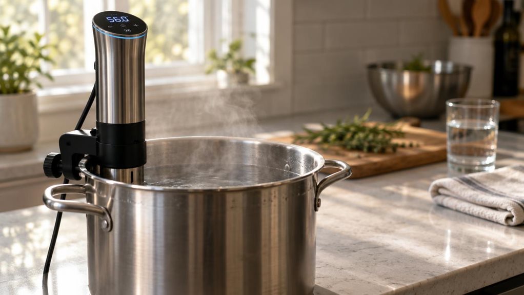 A photograph of a sleek sous vide immersion cooker clamped to the edge of a stainless steel stockpot on a quartz kitchen countertop, its slim cylindrical body topped with a compact digital display glowing faintly blue through gentle steam rising from the water. The scene is horizontally composed in 16:9 landscape, capturing the cooker slightly left of center with the pot occupying the lower third of the frame. Soft afternoon light spills in from a nearby window, casting warm 