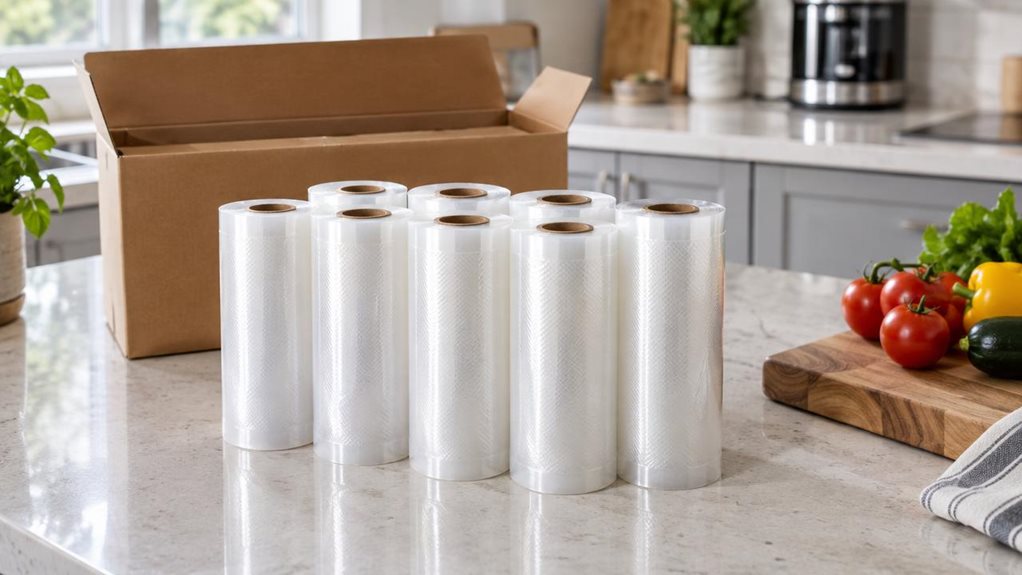 A photograph of a single set of eight clear vacuum-sealer film rolls arranged neatly on a light stone kitchen countertop, with their open cardboard package set just behind them. The rolls are the hero of a horizontally composed 16:9 landscape scene, shown in a bright, modern home kitchen beside a wooden cutting board and a few fresh vegetables, suggesting everyday food storage without showing anyone mid-task. Soft window light falls naturally across the transparent textured f