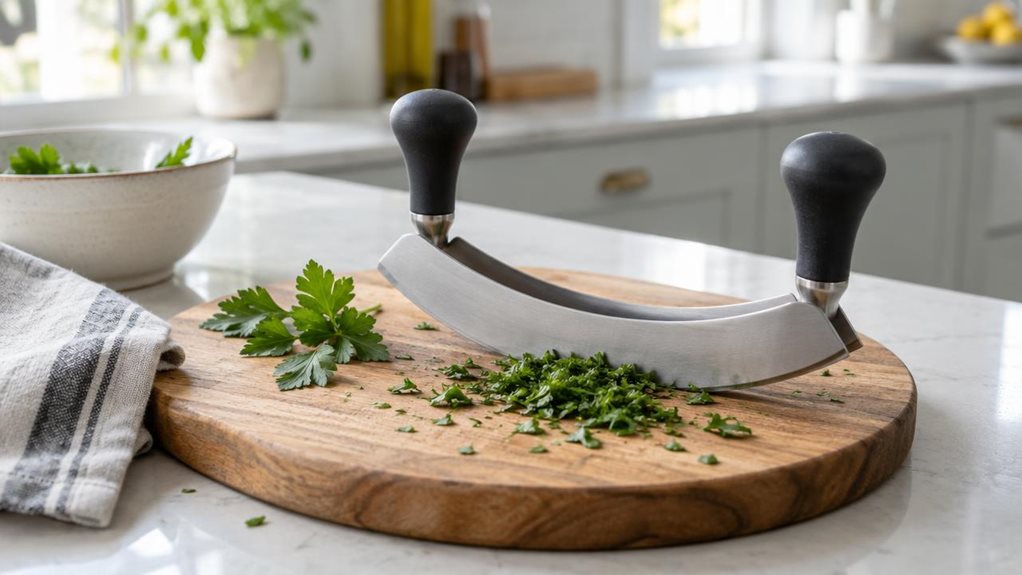 A photograph of a KitchenCraft-style double-blade mezzaluna herb chopper and its wooden board set on a bright, modern kitchen counter, composed horizontally in a 16:9 landscape frame. The curved stainless-steel blades and simple dark handles are the clear focal point, resting neatly on the board beside a small scatter of freshly chopped parsley and a few intact herb leaves. A folded linen towel and a ceramic bowl sit nearby, suggesting an everyday cooking space without making