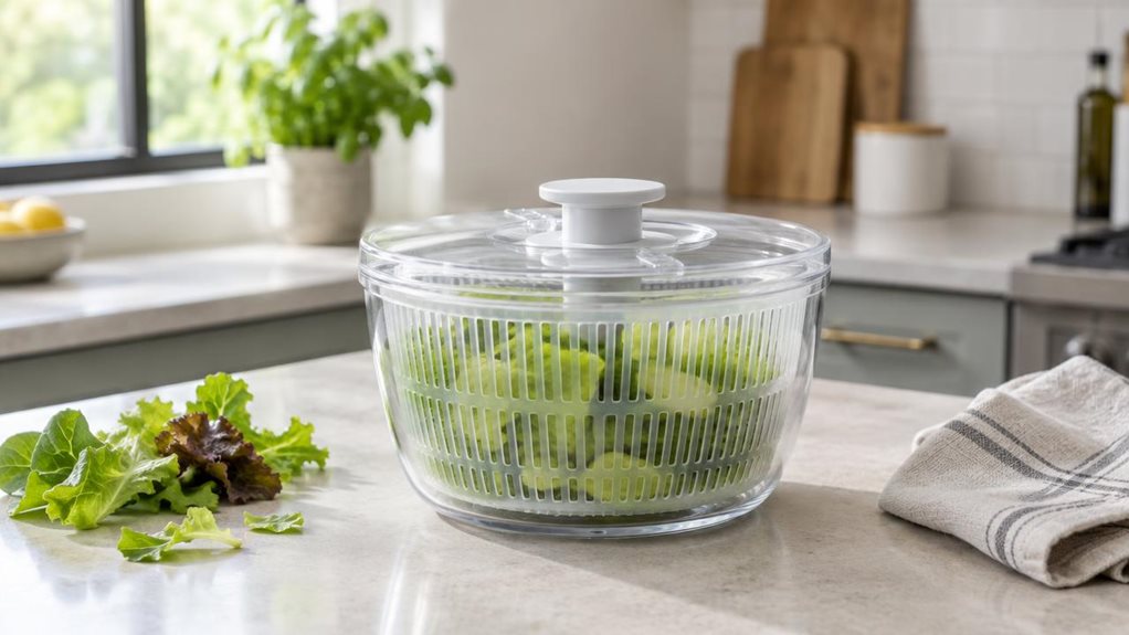 A photograph of a compact mini salad spinner and dresser resting on a pale stone kitchen countertop, framed in a horizontally composed 16:9 landscape scene. The single product is the clear hero: a small, transparent bowl with a fitted lid, a subtle central handle, and fresh lettuce leaves visible inside. Beside it, a few loose greens and a folded linen tea towel create a natural, lived-in setting without distracting from the spinner. The scene feels candid and observational, 