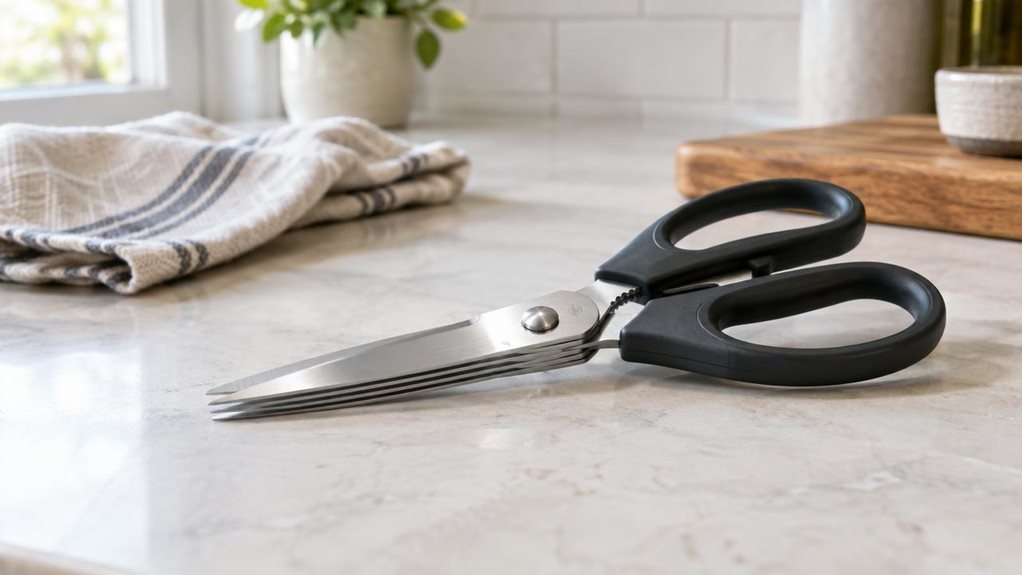 A photograph of a single pair of four-sided kitchen scissors resting naturally on a pale stone countertop in a bright, modern home kitchen. The scissors are the clear hero of the scene, their sturdy stainless-steel blades and dark, comfortable handles shown in crisp detail, with no packaging or other products nearby. A folded linen tea towel and a small wooden cutting board sit casually in the background, suggesting everyday kitchen use without making the scene feel staged. T