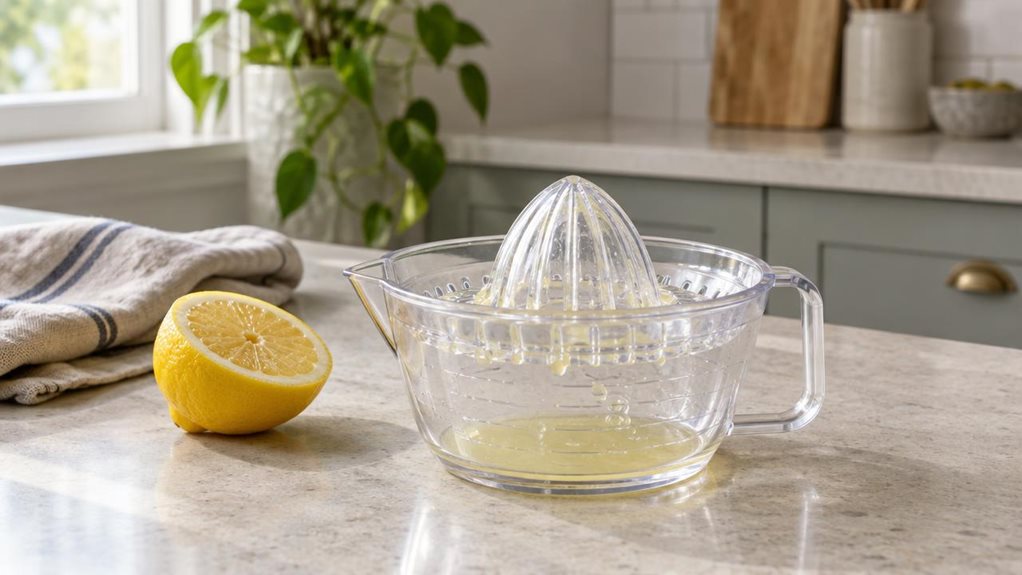 A photograph of a single clear KitchenCraft-style citrus juicer resting on a pale stone kitchen counter, composed horizontally in a 16:9 landscape frame. Its transparent bowl, ridged reamer, and small spout catch the soft morning light from a nearby window, with a few droplets of fresh citrus juice visible inside. A halved lemon and a folded linen tea towel sit casually beside it, while muted cabinetry and a leafy plant recede into a gentle background blur. The arrangement fe