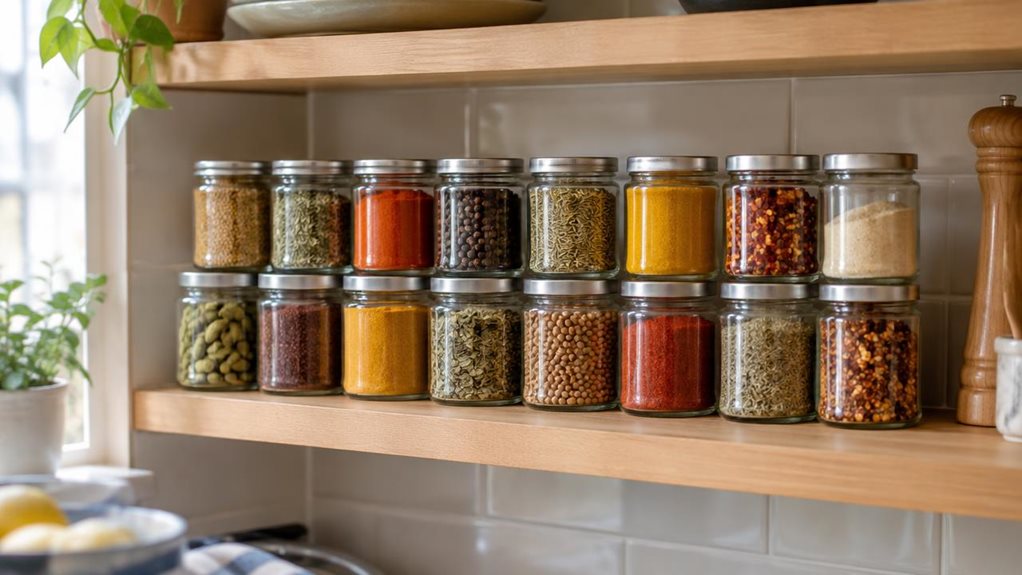 A photograph of a single organized spice-jar set displayed on an open kitchen shelf, composed horizontally in a 16:9 landscape frame. Twenty-four clear glass jars with simple, unbranded airtight lids sit in neat rows, each filled with a different colorful spice—from golden turmeric and paprika to peppercorns and dried herbs. The jars are the hero, naturally at home against a warm, modern kitchen backdrop of pale wood, understated tile, and a softly blurred countertop. A few e