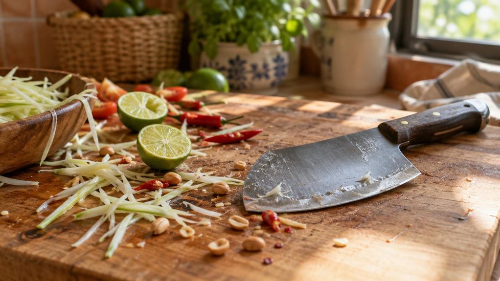 A photograph of a Kiwi Pro Slice Thai papaya salad knife resting on a weathered wooden cutting board in a sunlit kitchen, composed in a wide 16:9 landscape frame. The knife's curved, broad blade catches warm midday light streaming through a nearby window, its dark handle showing subtle wear from use. Scattered around the knife are shredded green papaya strips, a few halved limes, red chilies, and scattered peanuts, suggesting the aftermath of preparing a fresh som tam salad.