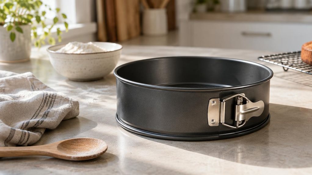 A photograph of a single springform cake tin resting on a sunlit kitchen countertop in a modern, softly styled home, framed in a horizontal 16:9 landscape composition. The metal tin sits naturally among subtle baking cues: a folded linen tea towel, a wooden spoon, a small bowl of flour, and a partially visible cooling rack in the background. Its dark nonstick finish and clean latch detail are sharply rendered, while the surrounding kitchen fades into a gentle background blur.