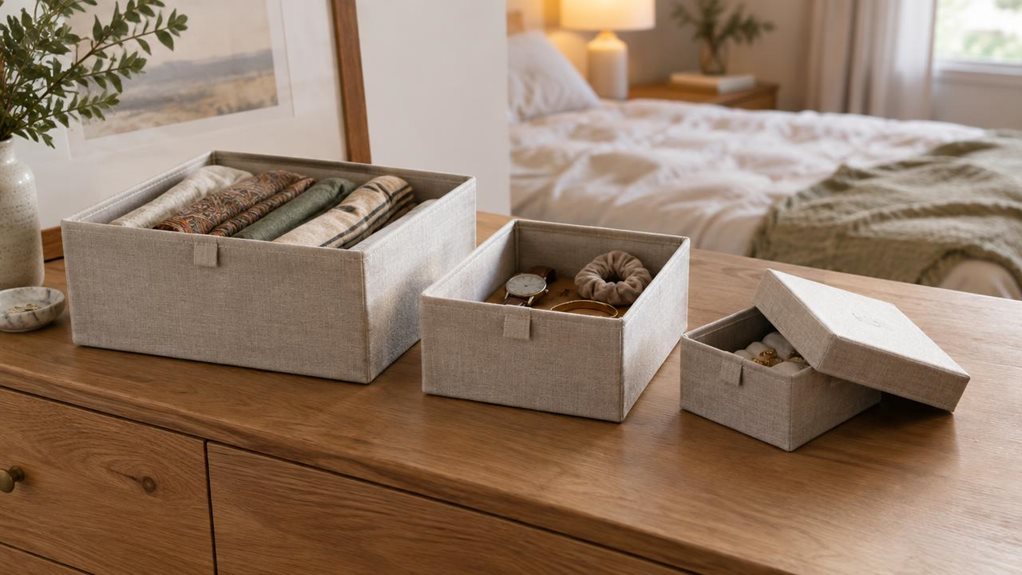 A photograph of a single three-piece storage organiser set arranged neatly on a bedroom dresser, shown in a horizontal 16:9 landscape composition. The matching fabric-covered boxes sit naturally in the room: one holds folded scarves, another contains a few accessories, and the smallest rests beside them with its lid slightly offset. Neutral linen textures, warm wood, and a softly rumpled bed create a calm, modern home setting. The organisers are the clear hero, captured from