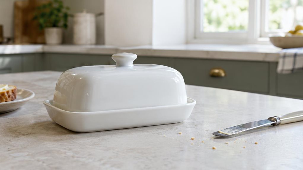 A photograph of a single 250 g butter dish resting naturally on a pale stone kitchen counter, composed as a horizontal 16:9 landscape scene. The dish has a simple, modern form: a smooth white ceramic base with a gently domed lid and a small, easy-to-grip knob. A few crumbs and a butter knife nearby suggest everyday use, while the uncluttered setting keeps the dish as the clear hero. In the softly blurred background, muted cabinetry and a sunlit window create a calm, contempor