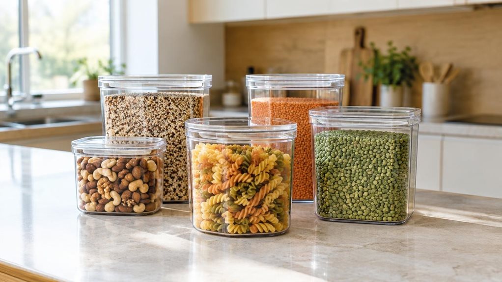 A photograph of a single set of six clear food storage containers arranged neatly on a light kitchen countertop, composed as a horizontal 16:9 landscape scene. The containers have simple, unbranded designs with transparent bodies and understated, close-fitting lids, revealing a mix of dry pasta, grains, nuts, and colorful pantry ingredients inside. They are the clear focal point, with one container slightly forward and the others grouped naturally behind it. A softly blurred