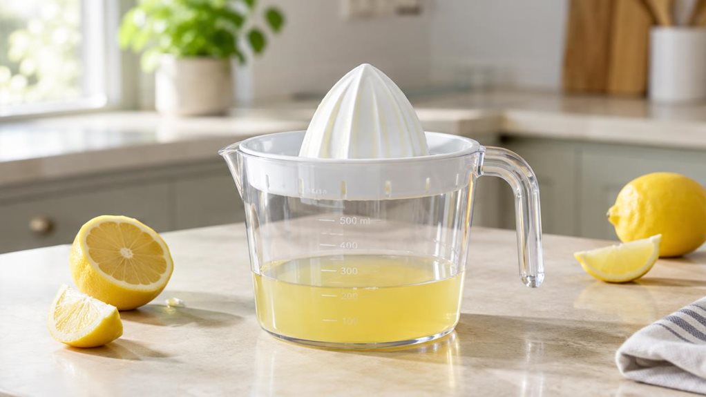 A photograph of a single 500 ml manual lemon squeezer resting on a pale stone kitchen counter, composed horizontally in a 16:9 landscape frame. The clear, sturdy container and fitted citrus press are the hero, with a freshly cut lemon and a few loose wedges nearby to suggest everyday use without showing anyone in action. A softly blurred, sunlit kitchen sits in the background, with understated cabinetry and a small green plant adding a natural touch. Gentle window light revea