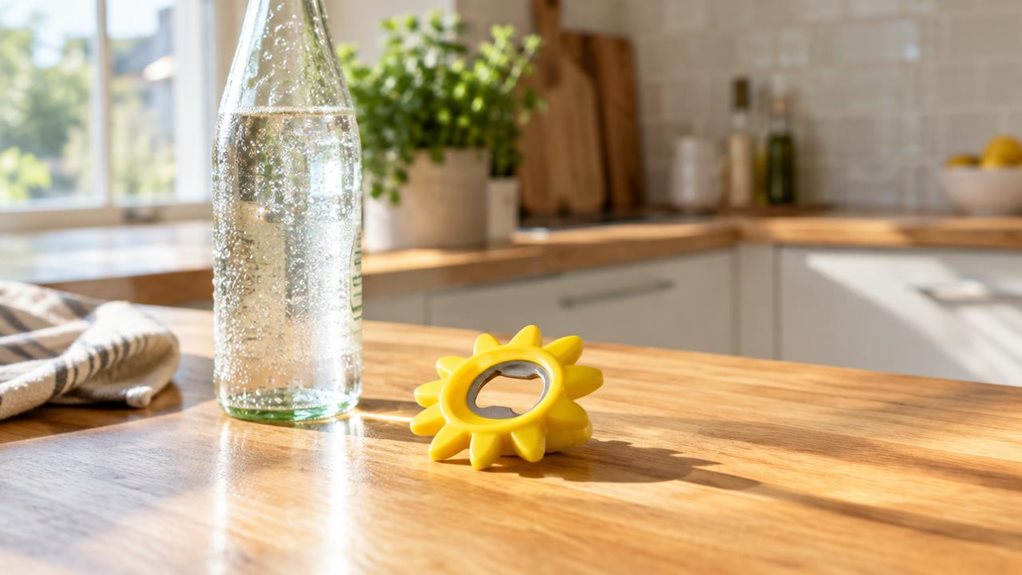 A photograph of a single Koziol SUNNY bottle opener resting on a sunlit wooden kitchen counter, its playful sun-shaped silhouette in cheerful yellow plastic catching the warm afternoon light. The opener sits casually beside a sweating glass bottle of sparkling water, droplets of condensation visible on the glass, suggesting a moment just before or after use. Soft morning light streams in from a nearby window, creating a gentle glow across the counter's surface and casting a s