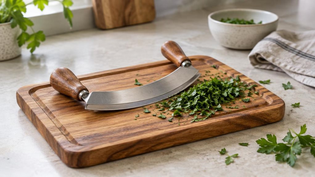 A photograph of a single acacia wood herb board with its double-blade knife resting across the shallow groove, arranged naturally on a pale stone kitchen counter. Freshly chopped parsley and a few scattered herb leaves sit nearby, suggesting the board’s everyday use without showing anyone mid-action. The warm wood grain and polished steel blades are the clear focal point, with a folded linen towel and a small ceramic bowl softly visible in the background. Composed horizontall