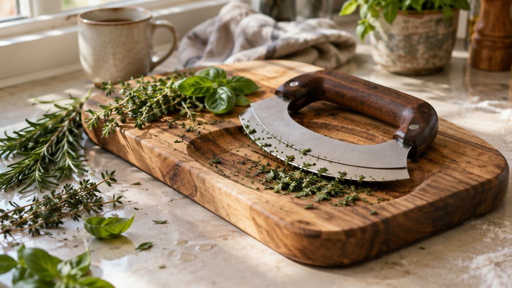 A photograph of a sunlit kitchen countertop, captured in a horizontal 16:9 frame, where an acacia wood herb board rests at a slight angle beside a scattering of fresh rosemary, thyme, and basil leaves. The board's rich honey-brown grain catches soft, diffused daylight streaming from a nearby window, highlighting the natural wood texture and the shallow curved well designed to catch chopped herbs. A double-blade mezzaluna-style knife with a matte stainless steel finish and a d