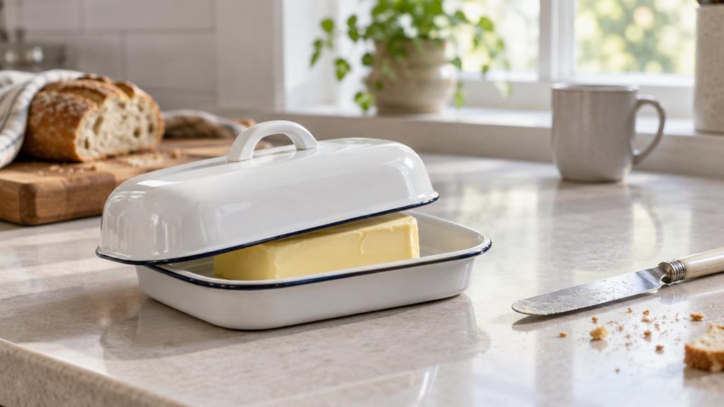 A photograph of a single enamel butter dish resting on a pale stone kitchen counter in a calm, lived-in home. The dish has a smooth white lid and base, a thin dark rim, and a small rounded handle; a neatly cut block of butter is visible inside. A butter knife lies nearby beside a few crumbs, suggesting everyday use without showing anyone mid-action. Soft morning light falls across the glossy enamel, with gentle shadows and subtle reflections. In the softly blurred background,