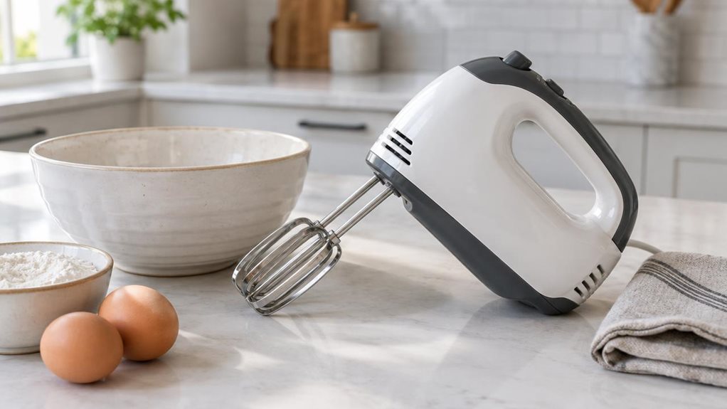 A photograph of a single hand mixer, shown in a horizontally composed 16:9 landscape scene on a bright, modern kitchen counter. The white-and-charcoal mixer rests naturally beside a ceramic mixing bowl and a neatly folded linen towel, with its beaters attached and angled toward the bowl. A few everyday baking ingredients—a small dish of flour and a couple of eggs—sit nearby, suggesting a home kitchen without making the scene feel staged or mid-action. The mixer is the clear h