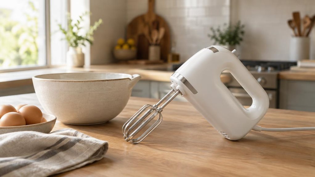 A photograph of a sleek white hand mixer resting casually on a light oak kitchen counter, framed in a horizontal 16:9 landscape composition with a softly blurred modern kitchen in the background. The mixer sits beside a ceramic mixing bowl, a folded linen towel, and a small dish of eggs, suggesting a calm everyday baking moment rather than active use. Warm natural window light washes across the scene, highlighting the smooth matte finish, ergonomic handle, and subtle metallic