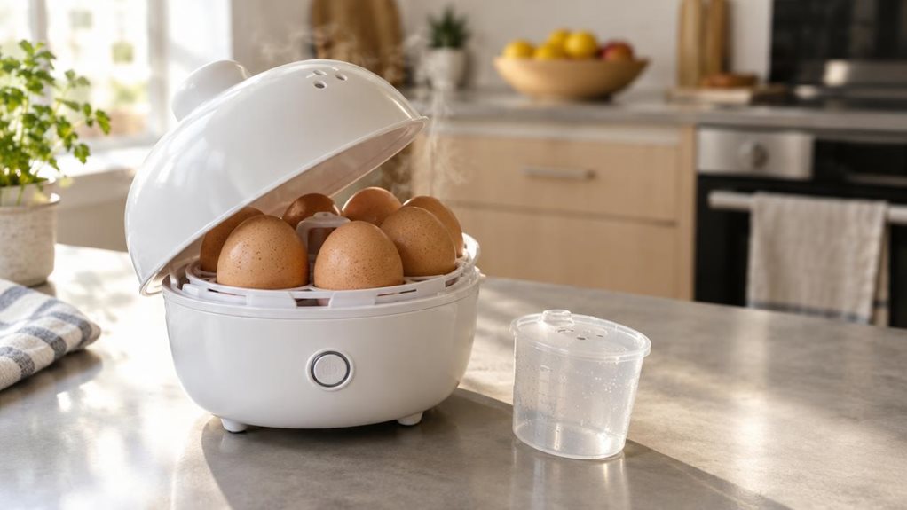 A photograph of a compact white egg cooker sitting on a sunlit kitchen countertop, its rounded plastic body and small steam vents catching the soft morning light. The lid is slightly ajar, revealing the egg tray inside with a few speckled brown eggs nestled in place, a thin wisp of steam rising gently. The scene is framed in a wide 16:9 landscape composition, with the egg cooker positioned slightly off-center to the left, allowing the eye to drift toward a blurred background 