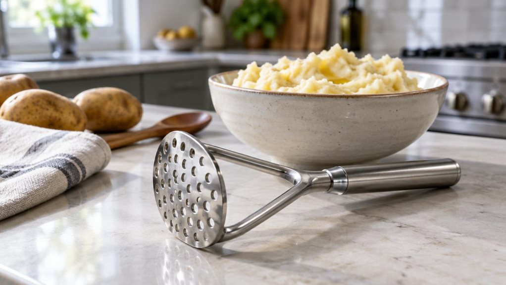 A photograph of a polished stainless-steel potato masher resting on a pale stone kitchen counter beside a ceramic bowl of freshly mashed potatoes. Its sturdy cylindrical handle and distinctive three-pronged grip are clearly visible, with the broad, perforated mashing plate angled naturally toward the viewer. A folded linen towel, a wooden spoon, and a few unpeeled potatoes suggest a relaxed home-cooking setting without making the scene feel staged. The horizontally composed 1