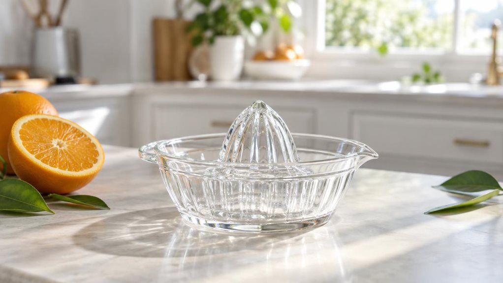 A photograph of a clear glass citrus juicer resting on a pale stone kitchen counter in a bright, modern home. The juicer is the sole hero of the scene, its transparent bowl, ridged reamer, and small pouring spout catching the soft morning light. A halved orange and a few loose citrus leaves sit nearby as understated kitchen details, with no one present and no action underway. In the softly blurred background, white cabinetry and a sunlit window create a calm, natural setting.