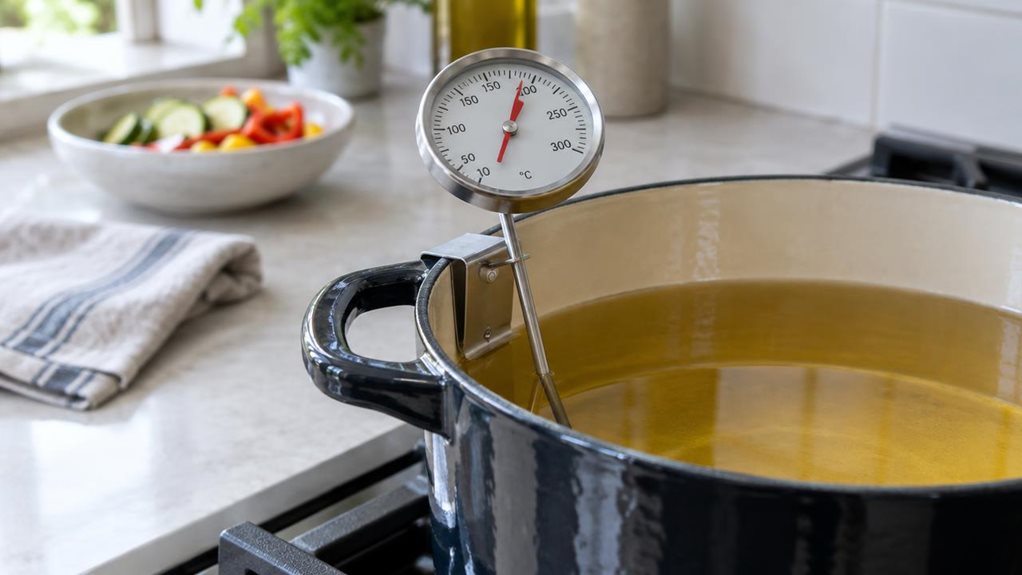 A photograph of a stainless steel clip-on frying thermometer resting in a deep, dark enameled pot on a modern home stovetop, its long probe dipping into clear golden oil and its round dial angled toward the viewer. The single thermometer is the clear hero, with a crisp, realistic scale marked from 10 to 300°C and a sturdy spring clip hooked neatly over the pot’s rim. In the softly blurred background, a pale stone countertop, a folded linen towel, and a small bowl of sliced ve