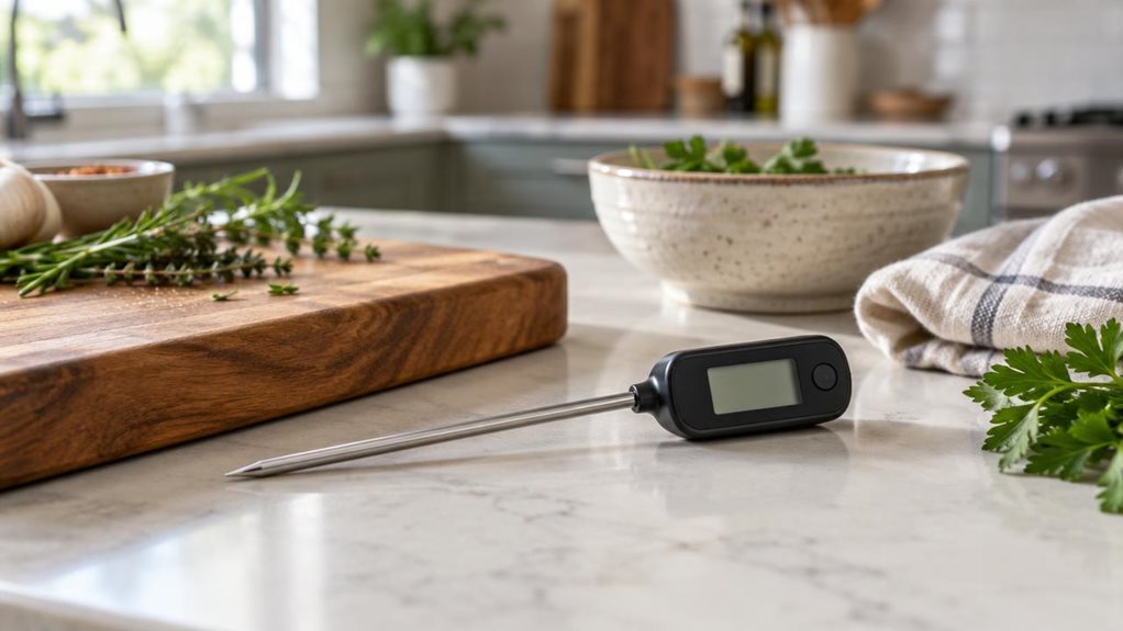 A photograph of a single digital kitchen thermometer resting beside a wooden cutting board on a bright, modern kitchen counter, composed horizontally in a 16:9 landscape frame. The thermometer is the clear hero: a compact stainless-steel probe attached to a small black digital display, angled naturally toward the viewer, with no readable markings. Nearby, a ceramic bowl, folded linen towel, and a few fresh herbs suggest an everyday cooking space without making the scene feel 