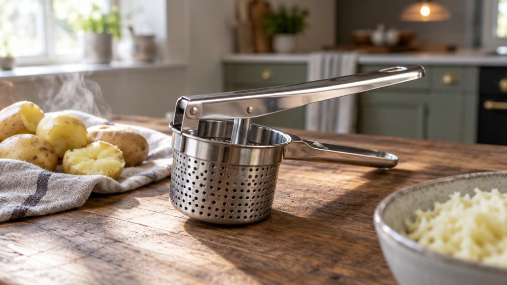 A photograph of a stainless steel potato ricer resting on a weathered wooden kitchen countertop, positioned slightly off-center in the frame. The ricer's polished handles catch soft, diffused daylight streaming in from a nearby window, creating gentle highlights along its curved metal body and perforated hopper. Beside it, a small pile of freshly boiled potatoes sits on a linen cloth, with faint wisps of steam rising, suggesting recent use without showing anyone handling the 