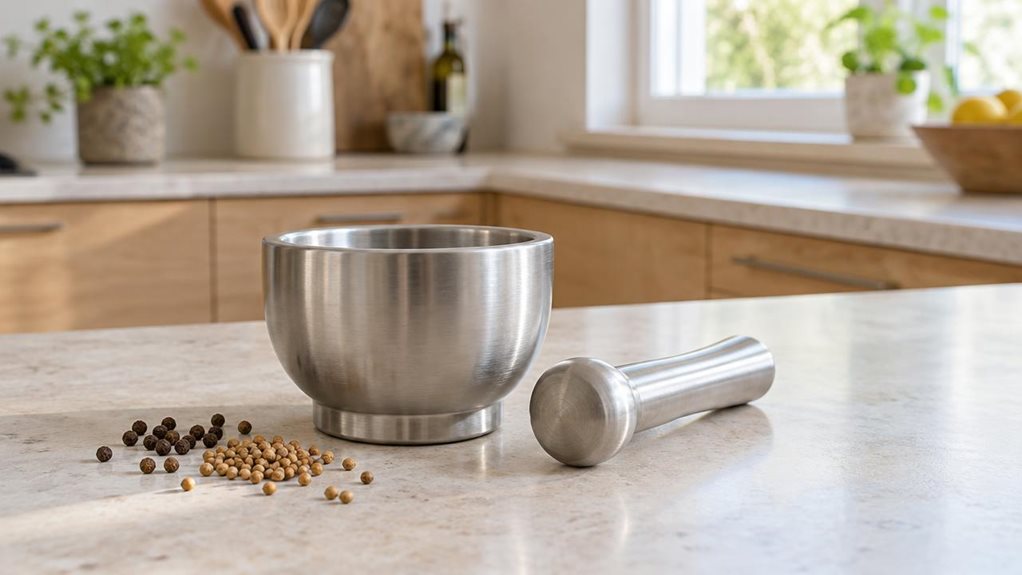 A photograph of a single compact silver mortar, about 7 cm wide, resting naturally on a pale stone kitchen countertop. The mortar has a realistic brushed-metal finish, a sturdy rounded bowl, and a matching pestle placed beside it. A few whole peppercorns and coriander seeds sit nearby, suggesting its everyday place in a home kitchen without making the scene feel staged. In the softly blurred background, modern light-wood cabinetry, a ceramic utensil holder, and a sunlit windo