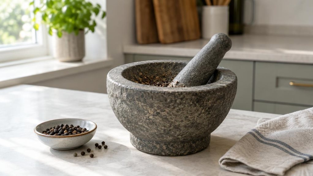 A photograph of a single stone mortar and pestle resting on a pale kitchen countertop, composed as a horizontal 16:9 landscape scene. The mortar is the clear hero, positioned slightly off-center beside a small ceramic dish of whole peppercorns and a folded linen tea towel, suggesting an everyday home kitchen without looking staged. Its substantial bowl, gently textured surface, and matching pestle are sharply rendered, with a few subtle traces of ground spice inside. In the s