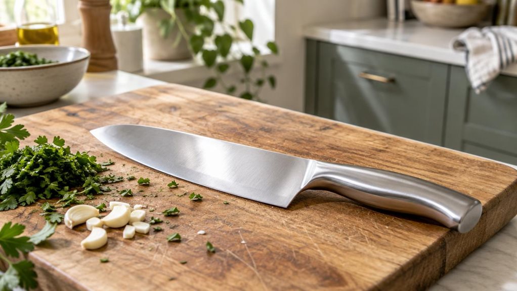 A photograph of a single stainless-steel mincing knife resting on a well-used wooden cutting board in a bright, modern home kitchen. Composed horizontally in a 16:9 landscape frame, the knife is the clear hero: its broad, gently curved blade catches a soft gleam, while the smooth handle sits naturally near the board’s edge. A few freshly chopped herbs and small pieces of garlic nearby suggest precise kitchen prep without showing anyone mid-action. The scene feels candid and o