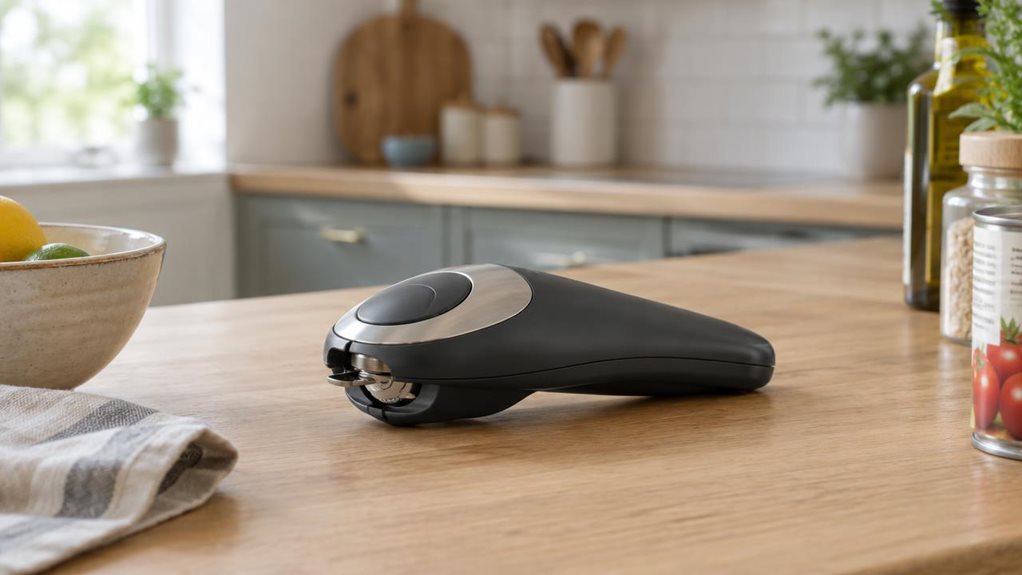 A photograph of a sleek automatic safety can opener resting casually on a light oak kitchen counter, captured in a horizontally composed 16:9 landscape frame. The product is heroed in a modern, softly styled home kitchen, surrounded by subtle everyday details like a ceramic bowl, a folded linen towel, and a few neatly arranged pantry items, suggesting a real lived-in space rather than a staged setup. Natural window light washes gently across the matte plastic and brushed-meta