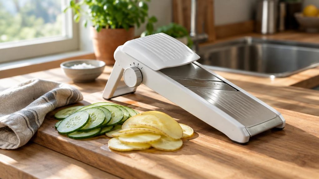 A photograph of a sleek white-and-stainless mandolin slicer resting diagonally across a wooden cutting board on a sunlit kitchen countertop, captured in a horizontal 16:9 composition. The mandolin's adjustable dial is visible, set mid-thickness, with its stainless steel blade catching a glint of natural window light. Thin, translucent slices of cucumber and golden potato fan out beside it, slightly overlapping, as if someone paused mid-prep. A linen kitchen towel lies loosely