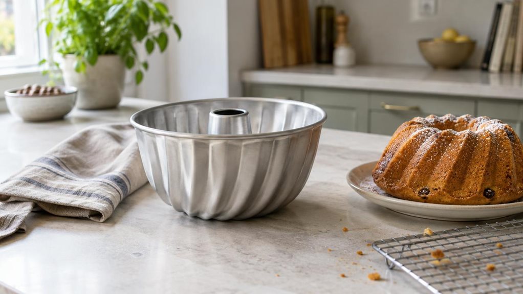 A photograph of a single traditional Kugelhopf cake tin resting on a pale stone kitchen counter, its fluted sides and central tube clearly visible in a brushed, silvery finish. The tin is the hero of a horizontally composed 16:9 landscape scene, naturally placed in a calm, modern home kitchen beside a folded linen tea towel and a small plate holding a freshly baked golden Kugelhopf. A few crumbs and a cooling rack add subtle signs of everyday use without making the scene feel