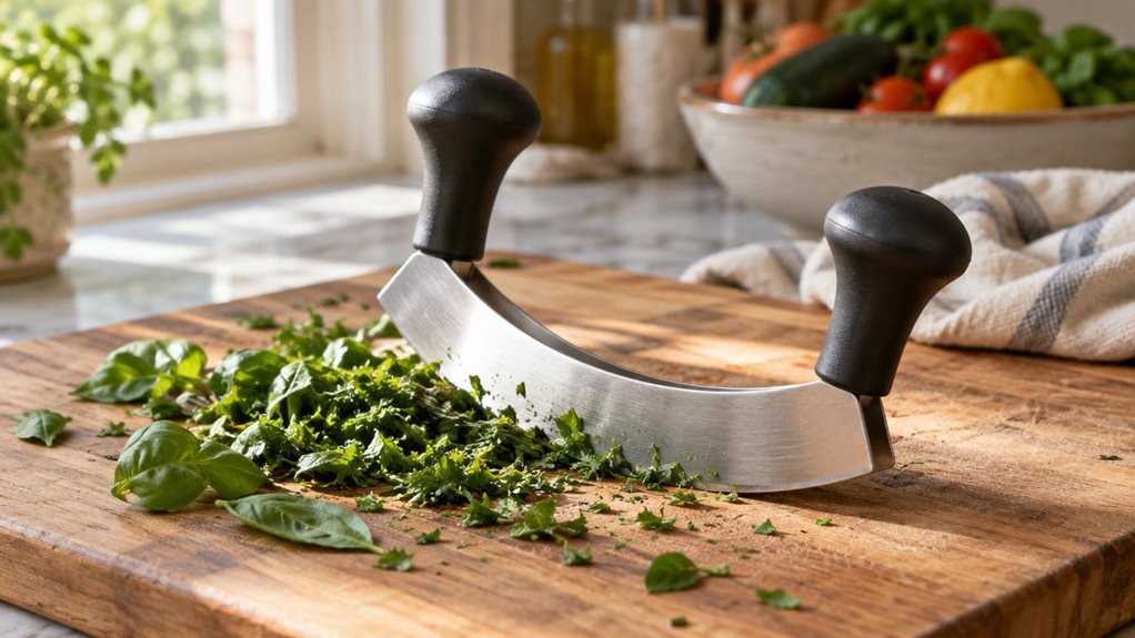 A photograph of a KUHN RIKON mezzaluna knife resting on a wooden cutting board in a sunlit kitchen, its curved stainless steel blade catching soft morning light streaming through a nearby window. The knife sits beside a small pile of freshly chopped herbs—basil and parsley—scattered casually across the board, with a few stray leaves suggesting recent use. The dual handles of the mezzaluna are angled slightly upward, showing the rocking motion of its design. In the soft-focus 