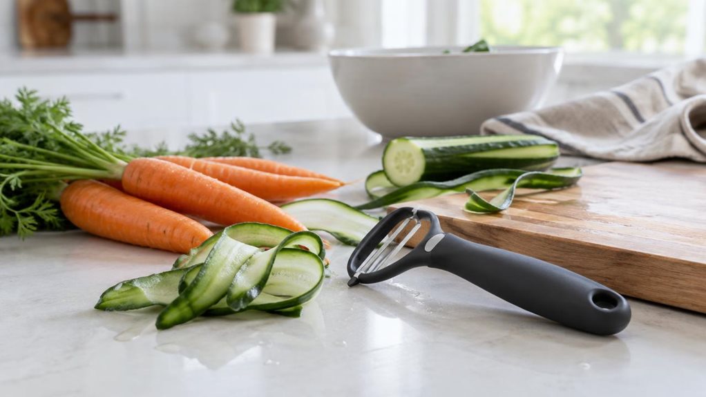A photograph of a single modern vegetable peeler resting casually beside a wooden cutting board on a bright, minimalist kitchen counter, framed in a horizontally composed 16:9 landscape scene. The peeler sits naturally among a small pile of freshly washed carrots and cucumber ribbons, suggesting everyday meal prep rather than a staged product shot. The handle is sleek and ergonomic with a matte finish, and the metal blade catches a soft glint of daylight from a nearby window.