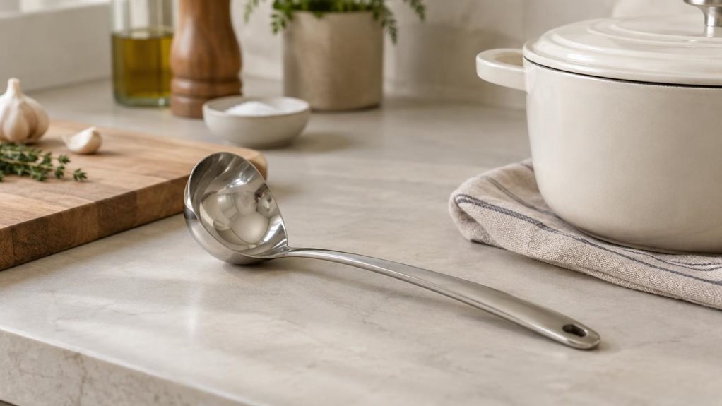 A photograph of a single stainless steel soup ladle resting casually beside a ceramic pot on a clean, contemporary kitchen counter, captured in a horizontally composed 16:9 landscape scene. The ladle is the clear focal point, placed naturally in-situ as if left there after a quiet meal prep session, with a softly textured wooden cutting board, folded linen towel, and a few muted kitchen essentials nearby. The setting feels modern and understated, with matte surfaces, pale sto