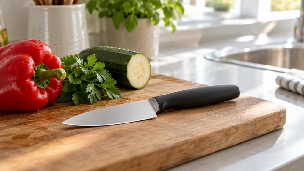 A photograph of a compact vegetable knife resting on a wooden cutting board in a bright, modern kitchen. The knife's solid stainless steel blade catches soft morning light streaming through a nearby window, highlighting its sharp, polished edge. Beside it lie a few freshly washed vegetables—a bright red bell pepper, a sprig of parsley, and a halved zucchini—arranged naturally as if mid-preparation but paused. The handle is minimalist, with a matte finish in dark charcoal, ble