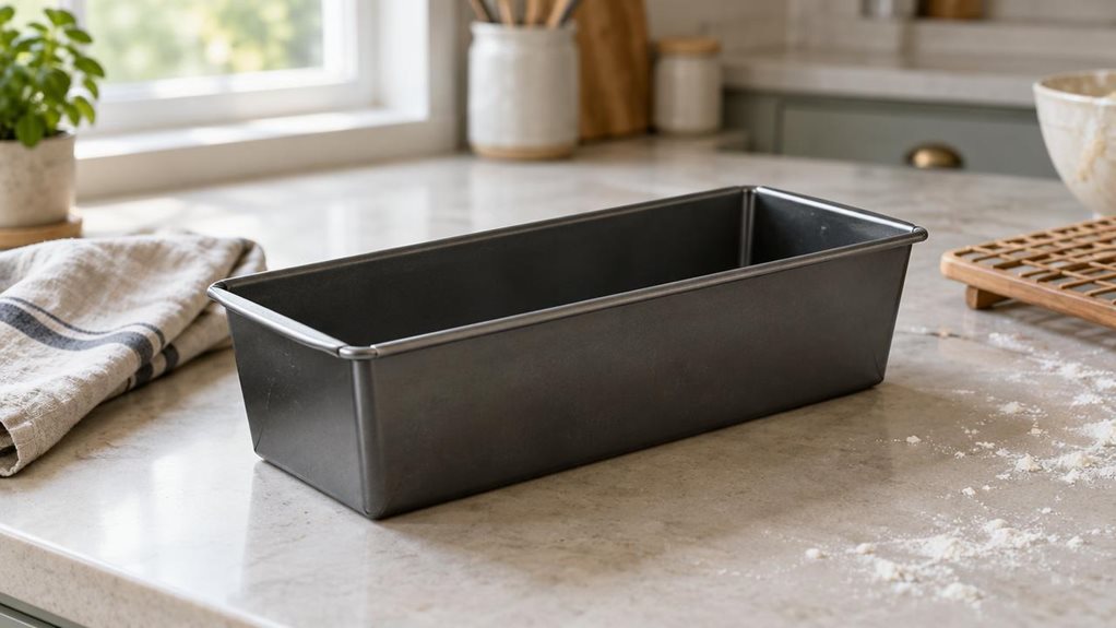 A photograph of a single 30 cm rectangular loaf tin resting on a pale stone kitchen counter, its dark, smooth nonstick surface catching a gentle wash of window light. The tin is the clear hero of a horizontally composed 16:9 landscape scene, set in a calm, contemporary home kitchen beside a folded linen tea towel and a small wooden cooling rack. A few flour specks and subtle signs of everyday use make the setting feel natural and lived-in, while the composition remains tidy a