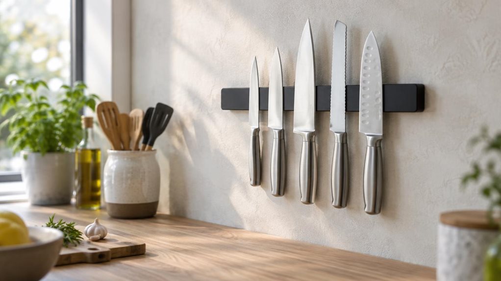 A photograph of a single magnetic knife holder mounted on a pale, subtly textured kitchen backsplash, composed as a horizontal 16:9 landscape. Several stainless-steel kitchen knives rest neatly along the dark, slim magnetic bar, their handles aligned and blades catching soft highlights. The holder is the clear hero, shown in its natural setting above a clean wooden countertop with a small cutting board and a ceramic utensil pot nearby. The arrangement feels casually observed 