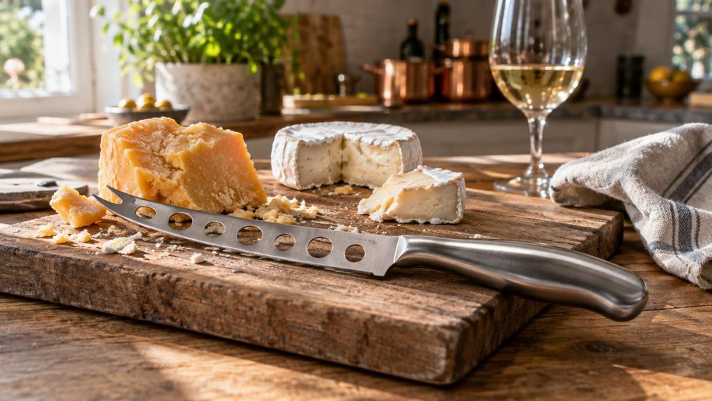A photograph of a professional cheese knife resting diagonally across a weathered wooden cutting board, its perforated stainless steel blade catching soft, warm sunlight streaming through a nearby kitchen window. The knife's forked tip and ergonomic handle are in sharp focus, showcasing the brushed metal texture and subtle craftsmanship of the blade's construction. Scattered around the board are wedges of artisanal cheese—a crumbly aged cheddar, a creamy brie with its rind pa