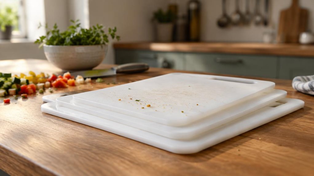 A photograph of a modern kitchen countertop bathed in soft, natural light streaming through a nearby window. The focal point is a set of three nesting chopping boards made of durable, white polypropylene, stacked slightly off-center to reveal their graduated sizes. The top board shows faint knife marks and a few scattered breadcrumbs, suggesting recent use, while a small pile of diced vegetables rests nearby on a cutting surface just out of focus. The composition is horizonta