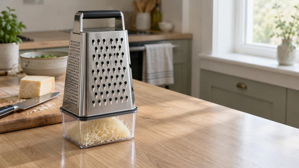 A photograph of a stainless steel box grater with an attached clear plastic container, resting on a light oak kitchen countertop near a sunlit window. The grater's four-sided textured surface catches soft morning light, highlighting the brushed metal finish, while the removable container beneath holds a small pile of freshly grated cheese. A wooden cutting board sits nearby with a wedge of parmesan and a chef's knife, slightly out of focus. In the background, blurred kitchen