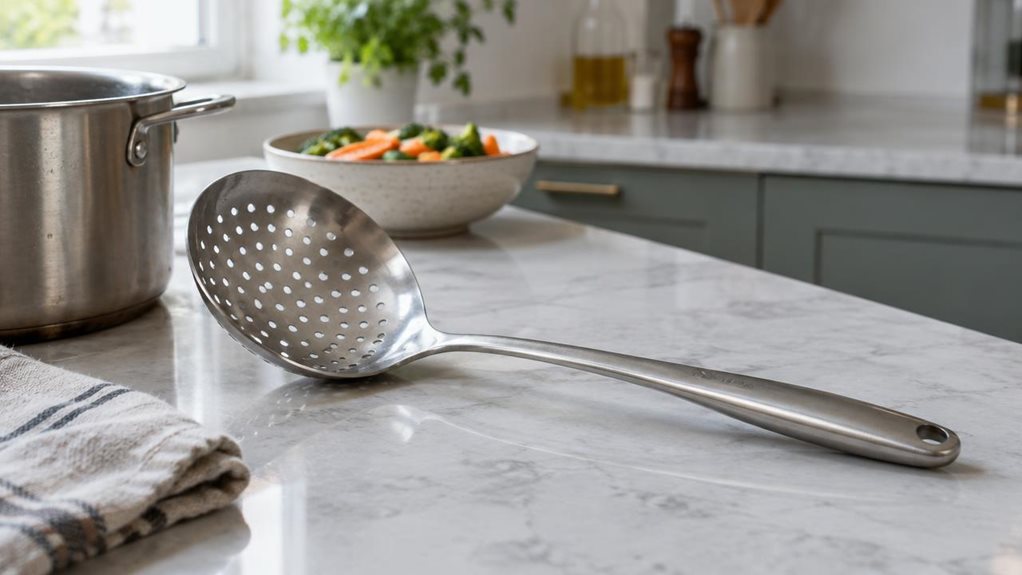 A photograph of a single stainless-steel skimmer resting beside a pot on a clean, modern kitchen counter, composed as a horizontal 16:9 landscape scene. The skimmer is the clear hero, its broad perforated bowl and long handle catching gentle highlights, with realistic brushed-metal texture and subtle signs of everyday use. Nearby, a folded linen towel and a small bowl of prepared vegetables suggest a lived-in cooking space without distracting from the utensil. The scene feels