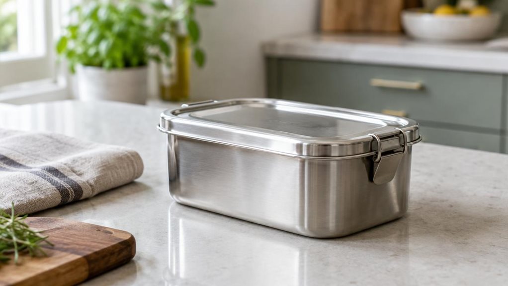 A photograph of a single stainless-steel airtight food container resting on a pale stone kitchen counter, its brushed metal body and fitted lid catching soft window light. The container is the clear hero, shown at a natural three-quarter angle with subtle reflections and realistic surface detail. Nearby, a folded linen towel and a small wooden cutting board suggest an everyday kitchen setting without cluttering the scene. In the softly blurred background, muted cabinetry and 