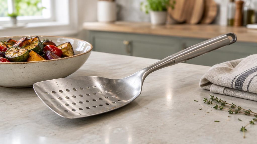 A photograph of a single perforated stainless-steel kitchen shovel resting on a pale stone countertop beside a ceramic bowl of freshly roasted vegetables. Composed horizontally in a 16:9 landscape frame, the shovel is the clear hero: its broad, gently curved blade has neat rows of drainage holes, and its brushed metal surface catches soft highlights from a nearby window. The long handle lies at a relaxed diagonal, with subtle reflections and realistic signs of everyday use. A