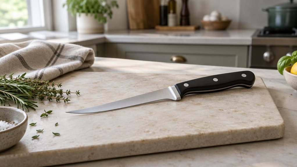 A photograph of a single black-handled, 14 cm boning knife resting diagonally on a pale stone cutting board in a calm, modern home kitchen. Its narrow, gently curved stainless-steel blade is clean and unmarked, with realistic satin reflections and a fine, sharp-looking edge; the matte black handle has subtle contours and visible rivets. A folded linen towel and a few fresh herbs sit nearby, adding a natural, lived-in touch without distracting from the knife. The scene is cand