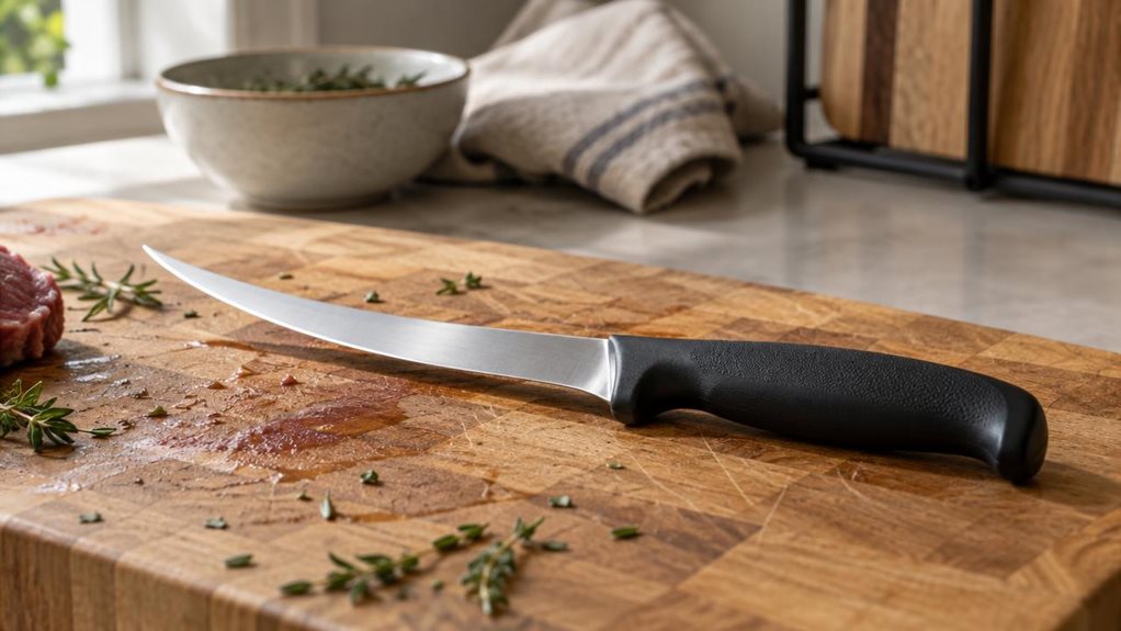 A photograph of a black-handled boning knife with a narrow, curved 14 cm stainless steel blade resting on a wooden butcher block in a home kitchen. The knife lies diagonally across the composition, its polished blade catching soft, natural window light that streams in from the left, creating a subtle gleam along the stamped steel edge. Scattered nearby are a few flecks of herbs and a faint smear of juice from freshly trimmed meat, suggesting recent use without any hands or mo