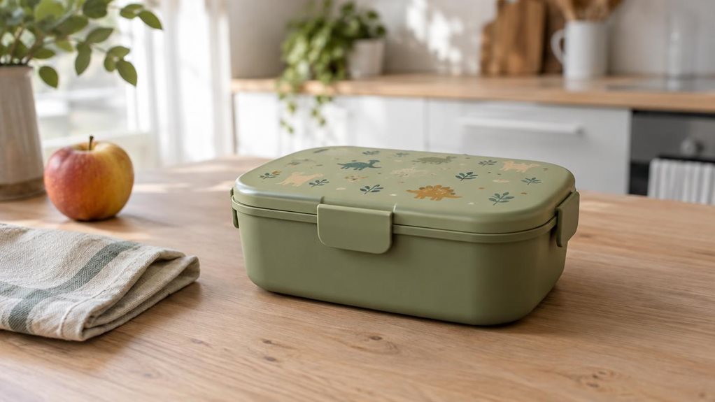 A photograph of a single light olive-green children’s lunch box resting on a pale wooden kitchen table, composed as a horizontal 16:9 landscape scene. Its softly rounded rectangular shape, secure lid, and subtle playful printed pattern are clearly visible, with realistic matte plastic texture and gentle signs of everyday use. A folded linen napkin and a small piece of fruit sit nearby, suggesting a relaxed lunch-preparation setting without distracting from the lunch box. In t
